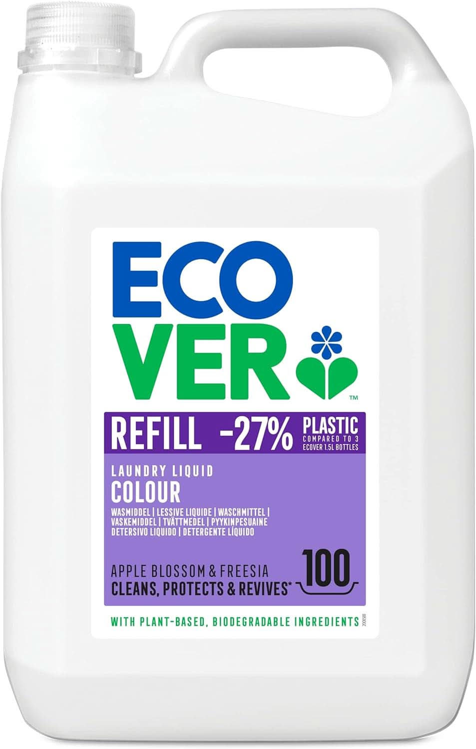 Detergent de rufe Ecover Color Apple Blossom & Freesia, Detergent lichid cu ingrediente pe bază de plante pentru păstrarea și protejarea hainelor Naty Shop 5 litri