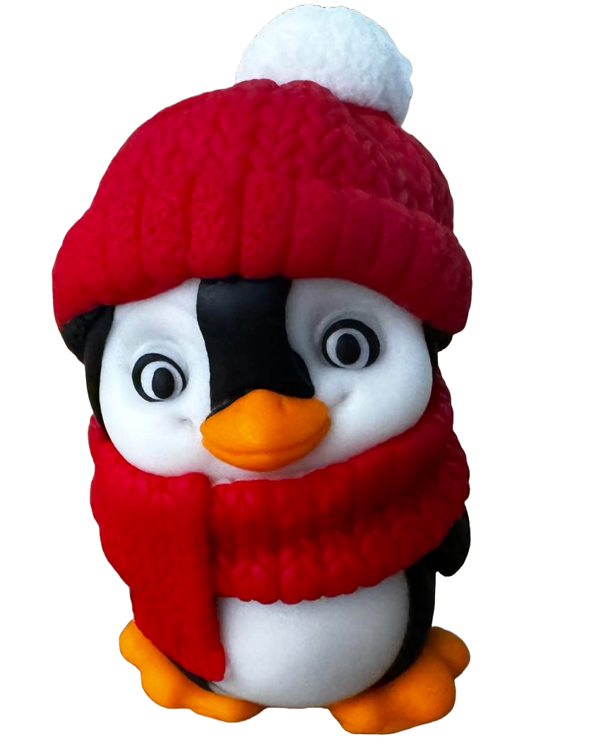 Decoratiune comestibila din pasta de zahar, Pinguin cu fular si caciula rosie Decoratiuni din Pasta de Zahar Naty Shop