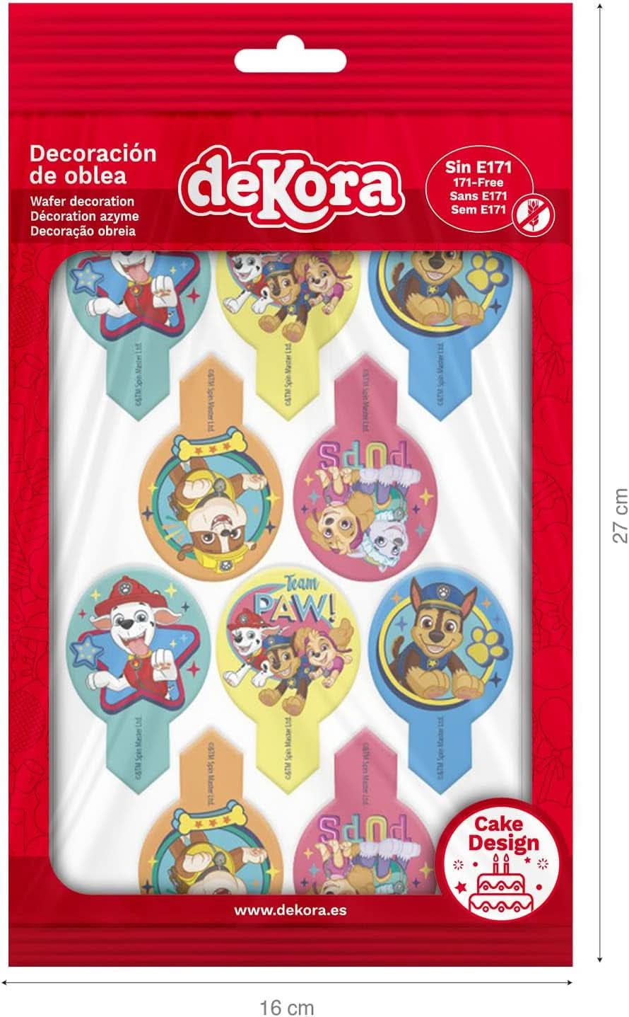Dekora, Dekorapin Decorațiuni de tort comestibile Paw Patrol, 20 de napolitane din hârtie comestibilă - 6.5 X 4 Cm Naty Shop