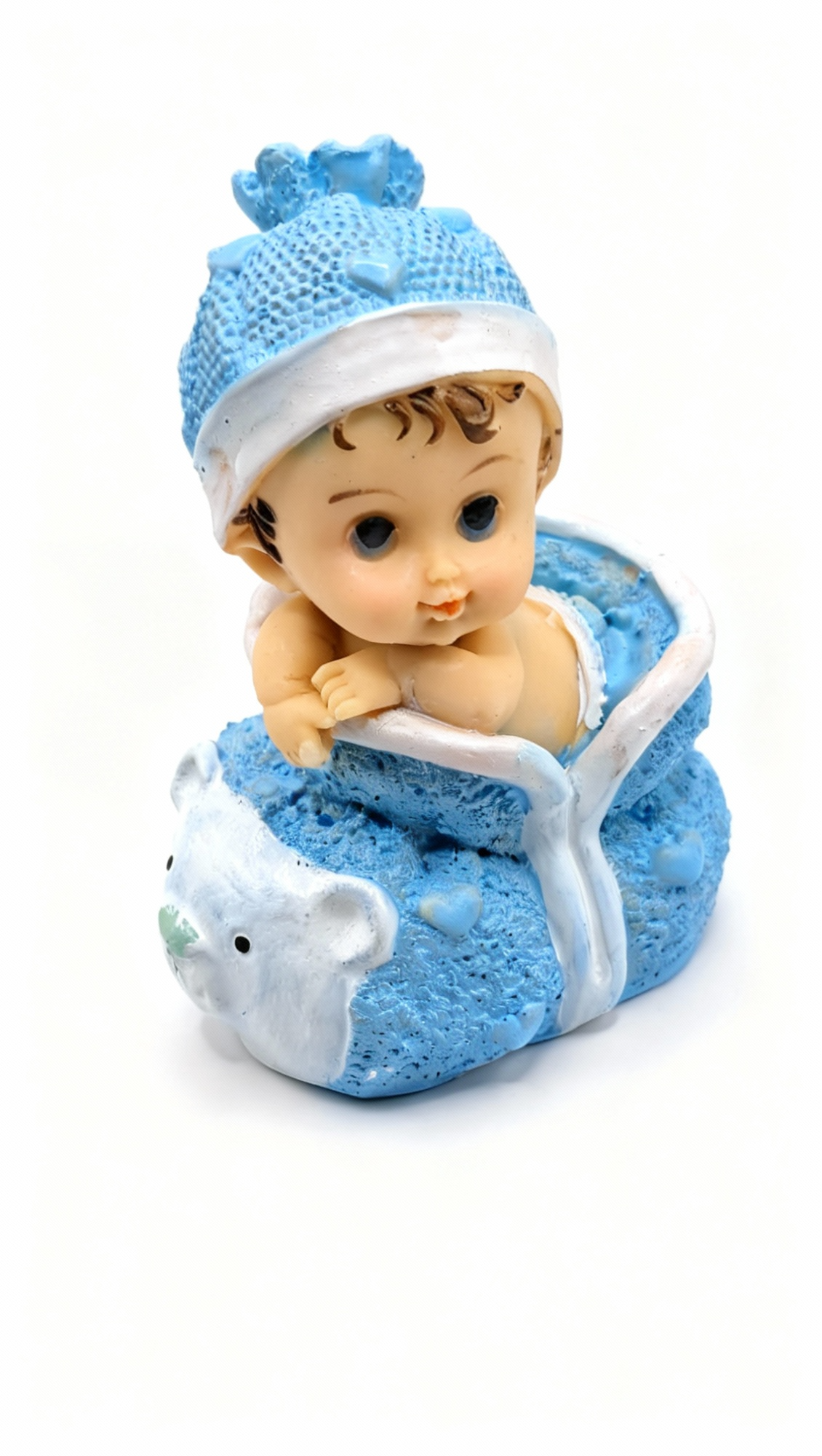 Decoratiuni Bebe Baiat Urs Nr 2 - Figurina Tort Botez Din Rasina In Cos Cu Ursulet, Necomestibila