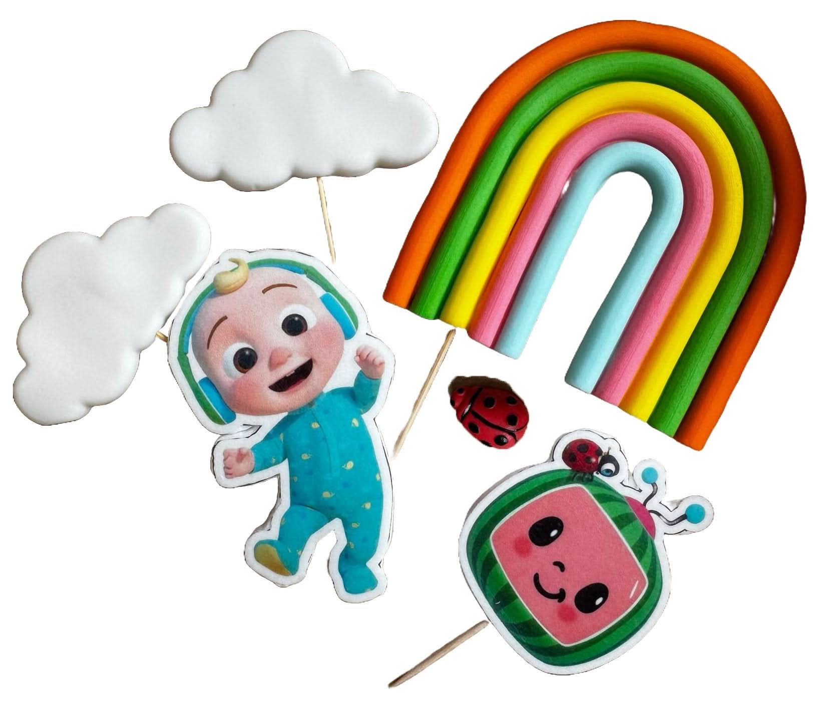 Set 6 decoratiuni comestibile din zahar, Cocomelon Decoratiuni din Pasta de Zahar Nati Shop